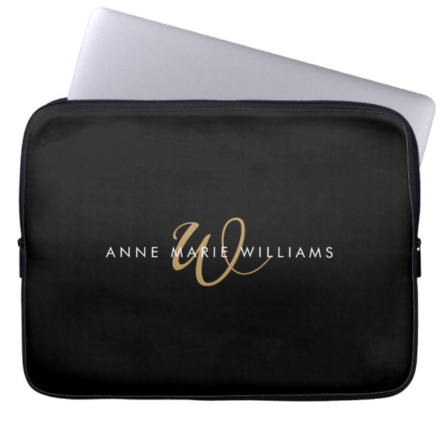 Moderne schwarze Goldschrift-Monogramm  Laptopschutzhülle (Vorderseite)