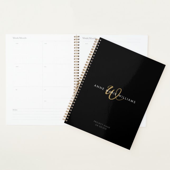 Moderne schwarze Goldschrift-Monogramm Planer (Anzeige)