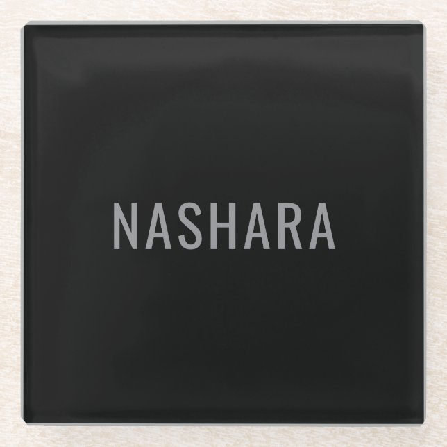 Moderne schwarze graue personalisierte Namensglasd Glasuntersetzer (Vorderseite)