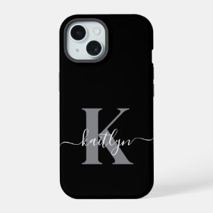 Moderne schwarze graue Skript-Monogramm iPhone 15 Hülle