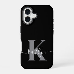 Moderne schwarze graue Skript-Monogramm iPhone 16 Hülle