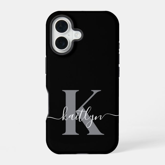 Moderne schwarze graue Skript-Monogramm iPhone 16 Hülle (Rückseite)