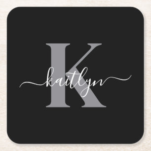 Moderne schwarze graue Skript-Monogramm Rechteckiger Pappuntersetzer