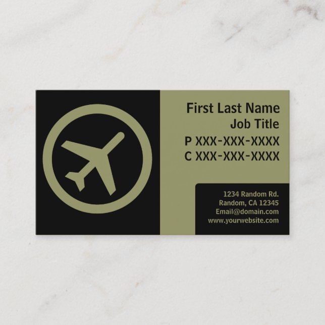 Moderne schwarze grüne einfache Flugzeugkarten Visitenkarte (Vorderseite)