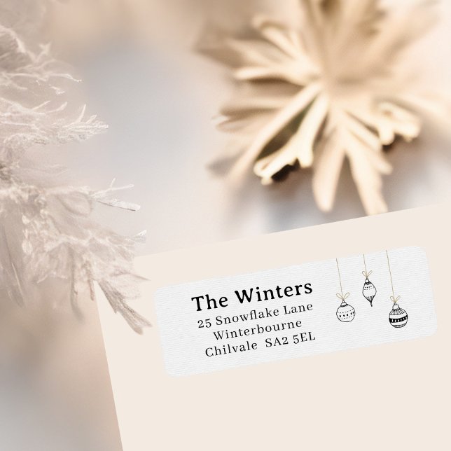 Moderne schwarze handgezeichnete minimalistische A (Elegant minimalist black and gold hand-drawn Christmas ornaments sketch return address labels)