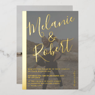Moderne schwarze Hochzeit mit 2 Fotos und goldenem Folieneinladung