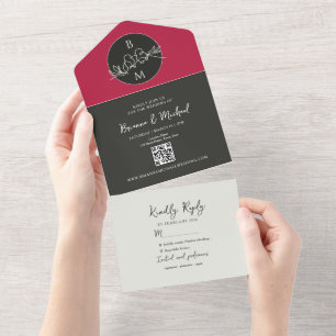 Moderne Schwarze Hochzeit mit Rosa Akzenten All In One Einladung