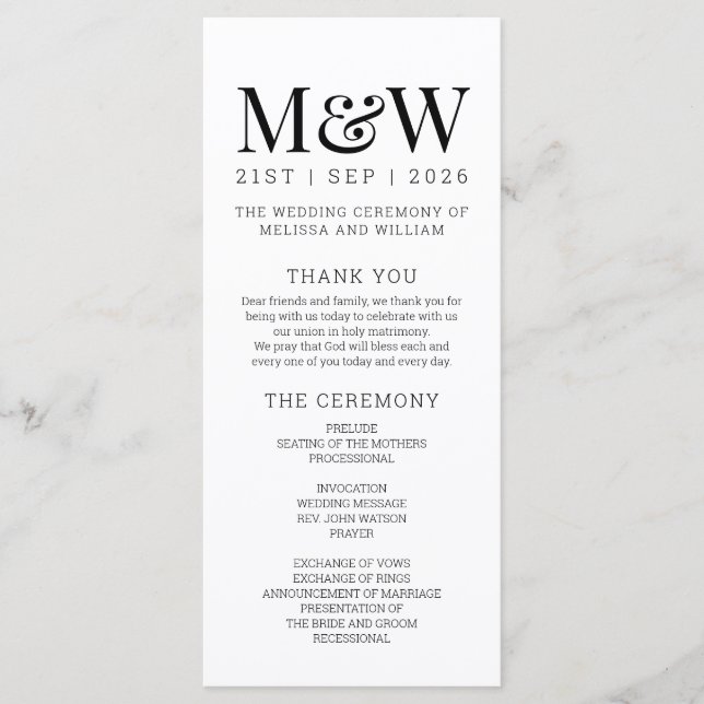 Moderne Schwarze Hochzeit Programm (Vorderseite)