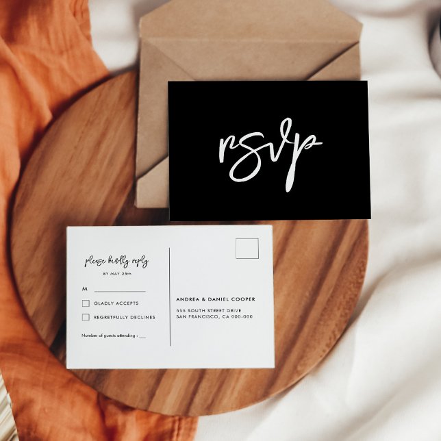 Moderne schwarze Hochzeit RSVP Postcard Postkarte (Von Creator hochgeladen)