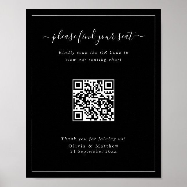 Moderne schwarze Hochzeits-QR-Code-Sitzordnung Pos Poster (Vorne)