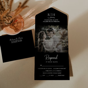 Moderne Schwarze Hochzeitsfotos   Monogramm RSVP All In One Einladung