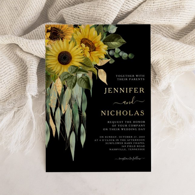 Moderne Schwarze Hochzeitsgolden Einladung (Modern Floral Black Wedding Gold Foil Invitation)