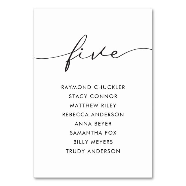 Moderne Schwarze Kalligrafie Hochzeittisch Fünf Tischnummer (Vorderseite)