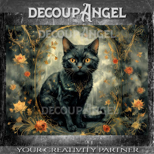Moderne Schwarze Katze mit Blume - Decoupage- Seidenpapier