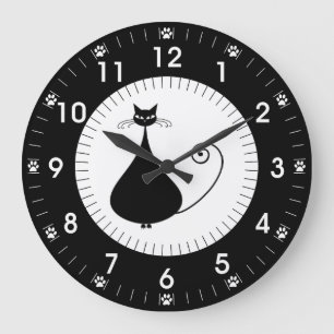 Moderne schwarze Katze mit Tatzen-Drucken Große Wanduhr