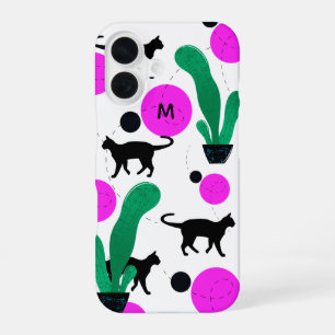 Moderne schwarze Katze und Kaktus-Muster-Monogramm iPhone 16 Hülle
