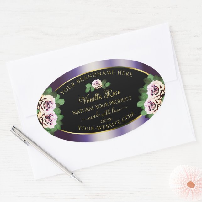Moderne schwarze Lila Produktkennzeichnungen, flor Ovaler Aufkleber (Umschlag)