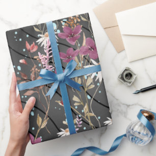 Moderne schwarze Linien Elegante Wildblumen Geschenkpapier