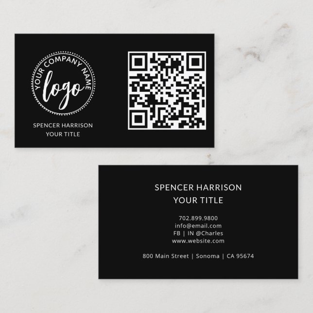 Moderne schwarze Logo-QR-Code-Vorlage Visitenkarte (Vorne/Hinten)
