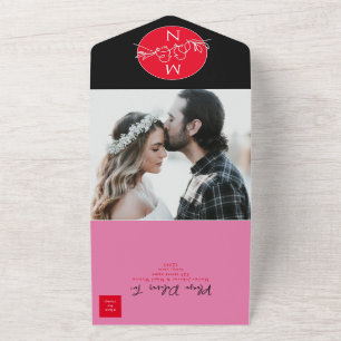 Moderne schwarze Magenta-Hochzeit All In One Einladung