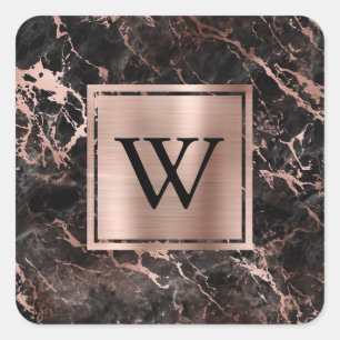 Moderne schwarze Marmor-Roségold-Monogramm Quadratischer Aufkleber