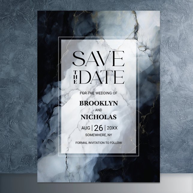 Moderne Schwarze Marmorhochzeit rettet das Datum Save The Date (Von Creator hochgeladen)