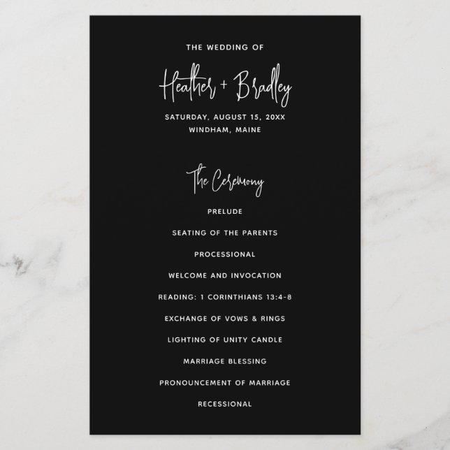 Moderne schwarze minimalistisches Hochzeitsprogram Flyer (Vorne)
