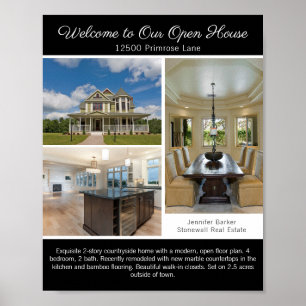 Moderne schwarze Open-House-Willkommens-Immobilien Poster