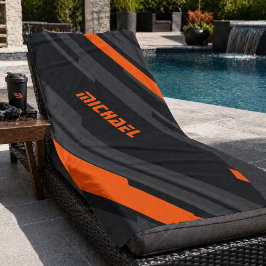 Moderne schwarze orange geometrische Namenssportar Strandtuch