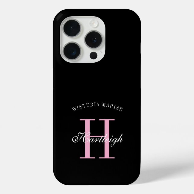 Moderne schwarze pinke weiße Monogramm Name Case-Mate iPhone Hülle (Rückseite)