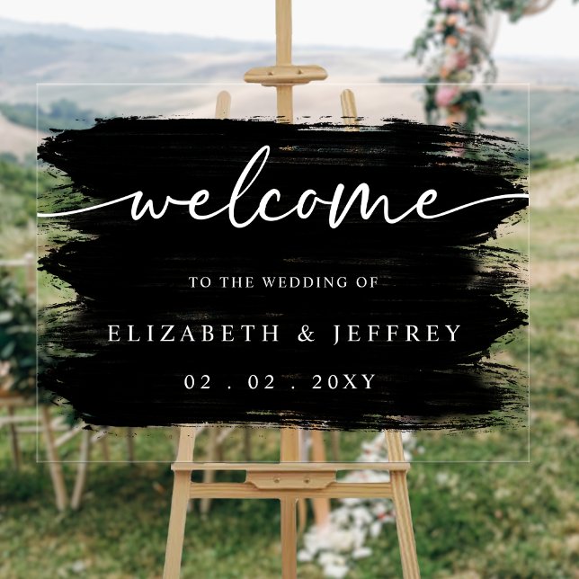 Moderne Schwarze Pinselstriche Hochzeitsstimmung Acrylschild (Modern Black Brush Strokes Wedding Welcome Acrylic Sign)