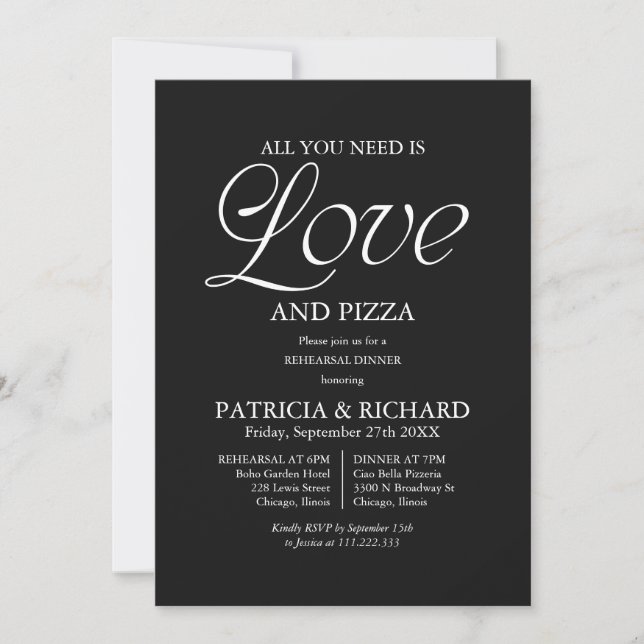 Moderne schwarze Pizza-Hochzeitsprobe Einladung (Vorderseite)