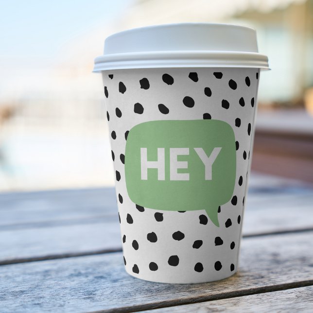 Moderne schwarze Punkte und grüne Blase sprechen m Pappbecher (Von Creator hochgeladen)