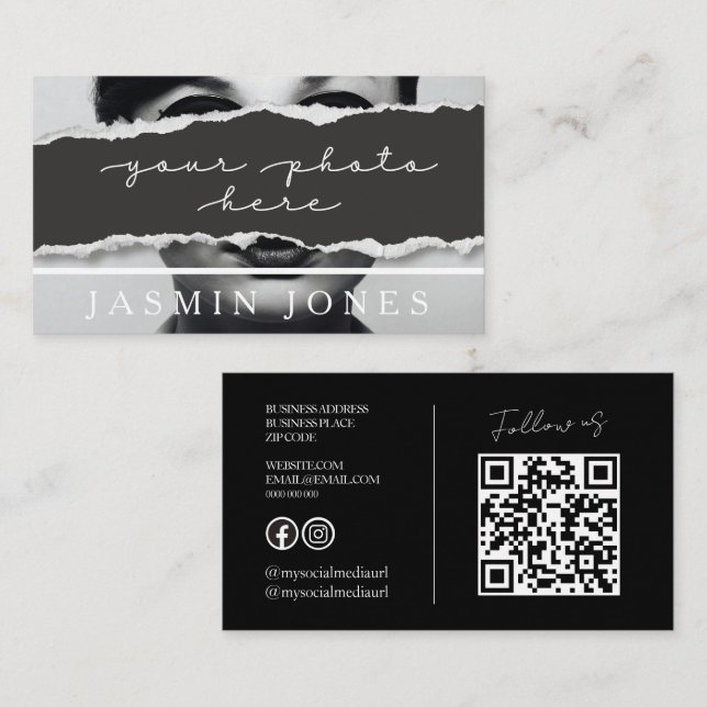 Moderne schwarze QR-Code-Foto Visitenkarte (Vorne/Hinten)