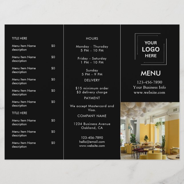 Moderne schwarze Restaurant-Foto-Abholmenü-Design (Vorderseite)