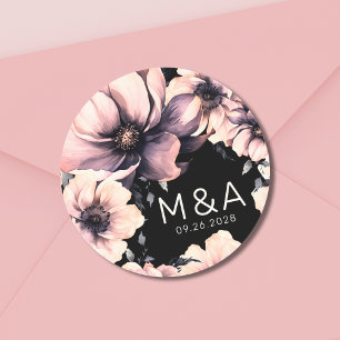 Moderne schwarze rosa Blumenelemente zur Hochzeit Runder Aufkleber