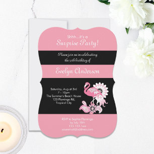 Moderne schwarze rosa Flamingo-Überraschungsgeburt Einladung