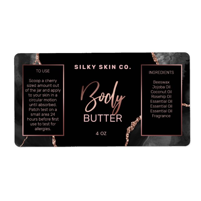 Moderne schwarze Rose Gold Body Butter Labels (Vorne)