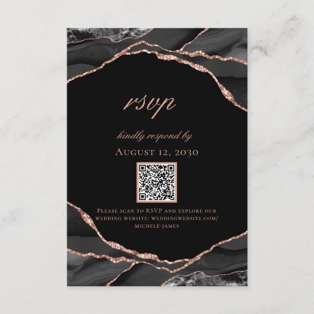 Moderne Schwarze Rose Gold Foil Agate Hochzeit RSVP Karte (Vorderseite)