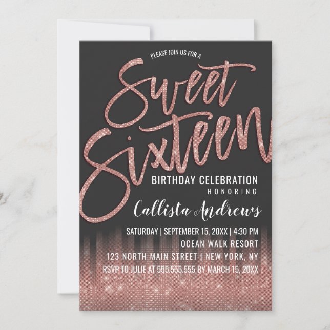 Moderne Schwarze Rose Gold Glitzer Typografie Swee Einladung (Vorderseite)