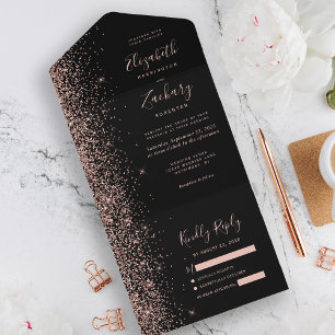 Moderne schwarze Roségold-Glitter-Hochzeit All In One Einladung