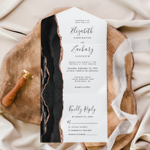 Moderne schwarze Rosen-Gold-Achat-Hochzeit All In One Einladung