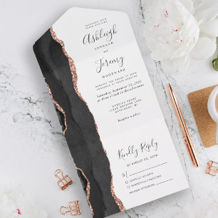 Moderne schwarze Rosen-Gold-Achat-Hochzeit All In One Einladung