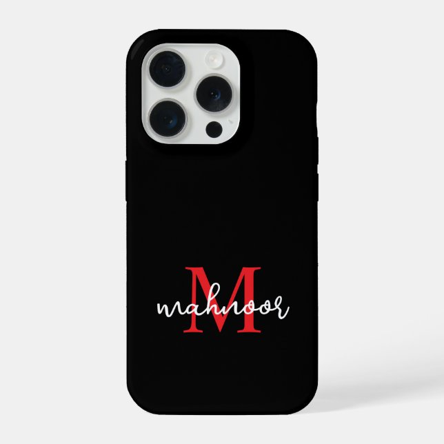 Moderne schwarze rote personalisierte Monogramm-Ha iPhone Hülle (Rückseite)