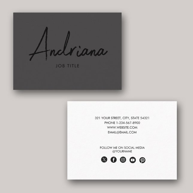 Moderne schwarze rustikale Script Social Media Visitenkarte (Modern Black Rustic Script Social Media Business Card)