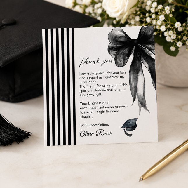Moderne schwarze Schleife Coquette Abschluss Danke (Modern Watercolor Black bow coquette ggraduation party thank you card)
