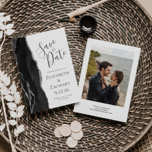 Moderne schwarze Silber-Achat-Foto-Save-the-Date-K Save The Date