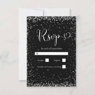 Moderne schwarze Silber-Glitter-Hochzeit RSVP Karte