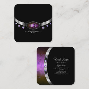 Moderne schwarze Silber-Purple mit Monogramm-Diama Quadratische Visitenkarte