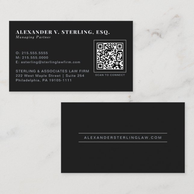 Moderne schwarze Silber-QR-Code-Luxus-Professional Visitenkarte (Vorne/Hinten)